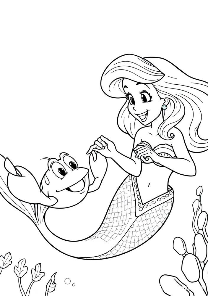 Desenho da Ariel com seu amigo Sebastião para colorir