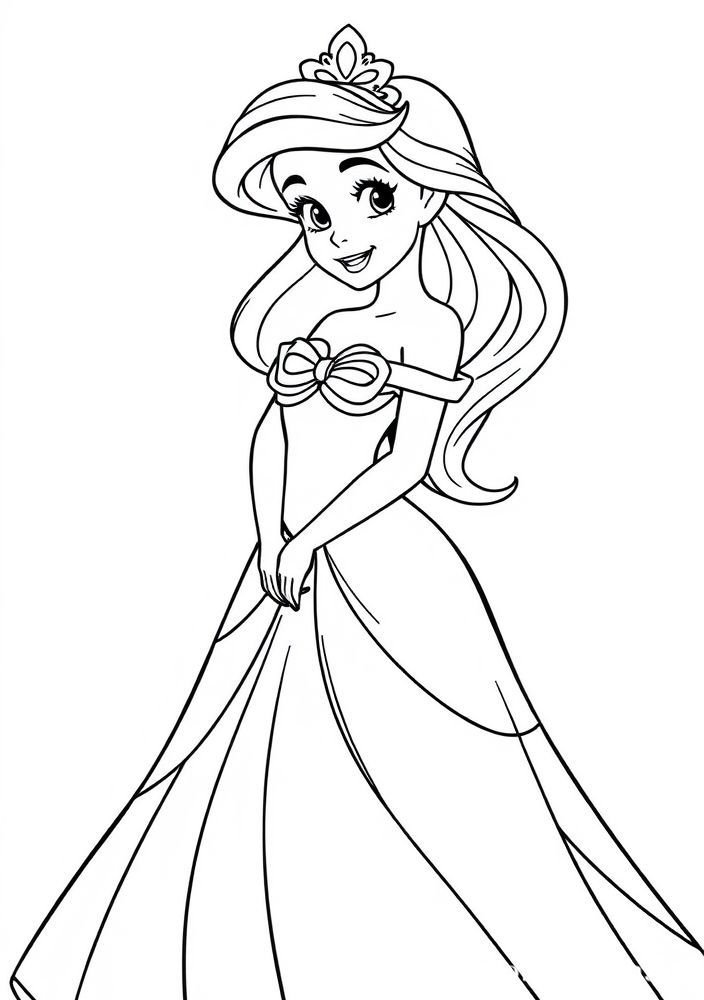 Desenho da Ariel com seu lindo vestido de festa para colorir