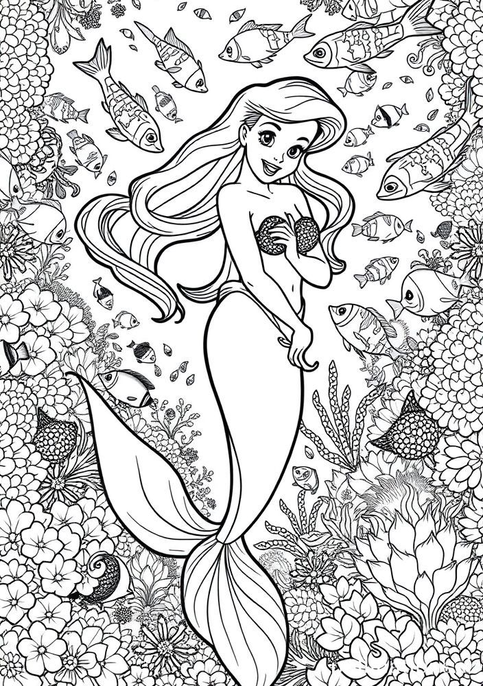 Desenho da Ariel com um grupo de peixes coloridos para colorir