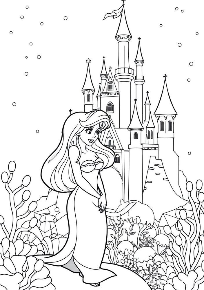 Desenho da Ariel e do seu castelo subaquático para colorir