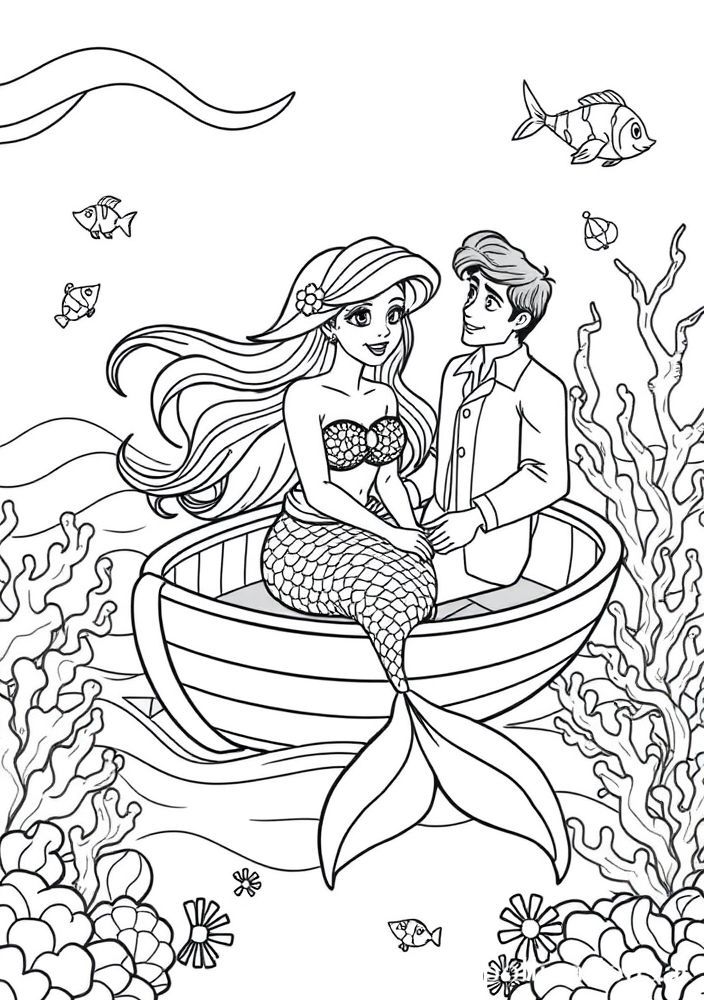 Desenho da Ariel em um barco com Eric para colorir