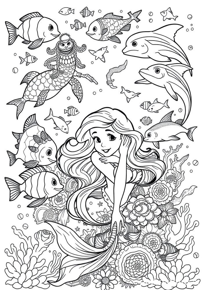 Desenho da Ariel no seu mundo subaquático para colorir