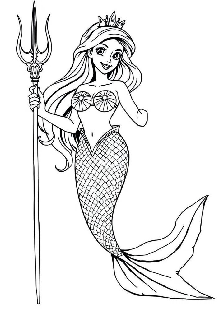Desenho da Ariel segurando um tridente para colorir