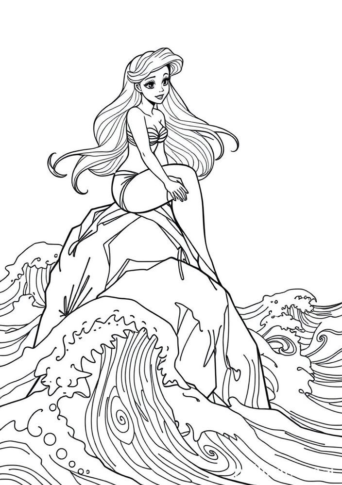 Desenho da Ariel sentada na rocha do mar para colorir