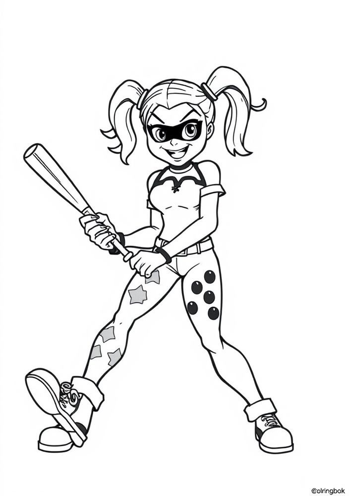 Desenho da Arlequina com seu bastão de baseball para colorir