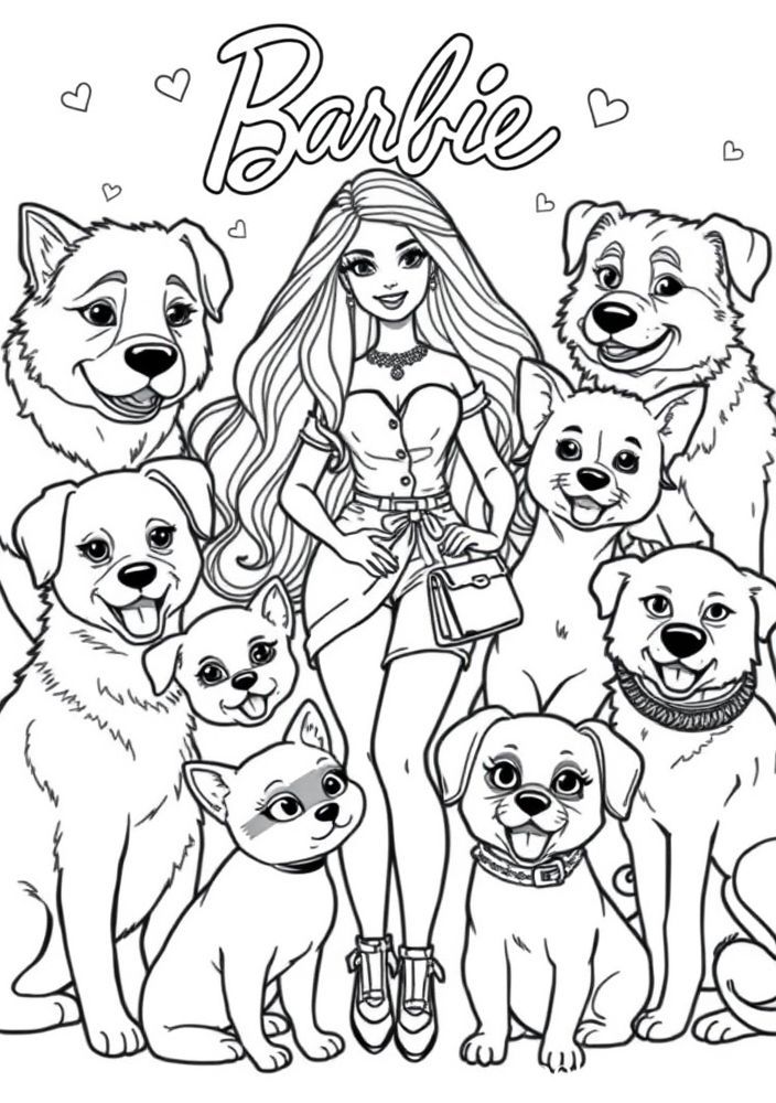 Desenho da Barbie com animais de estimação para colorir