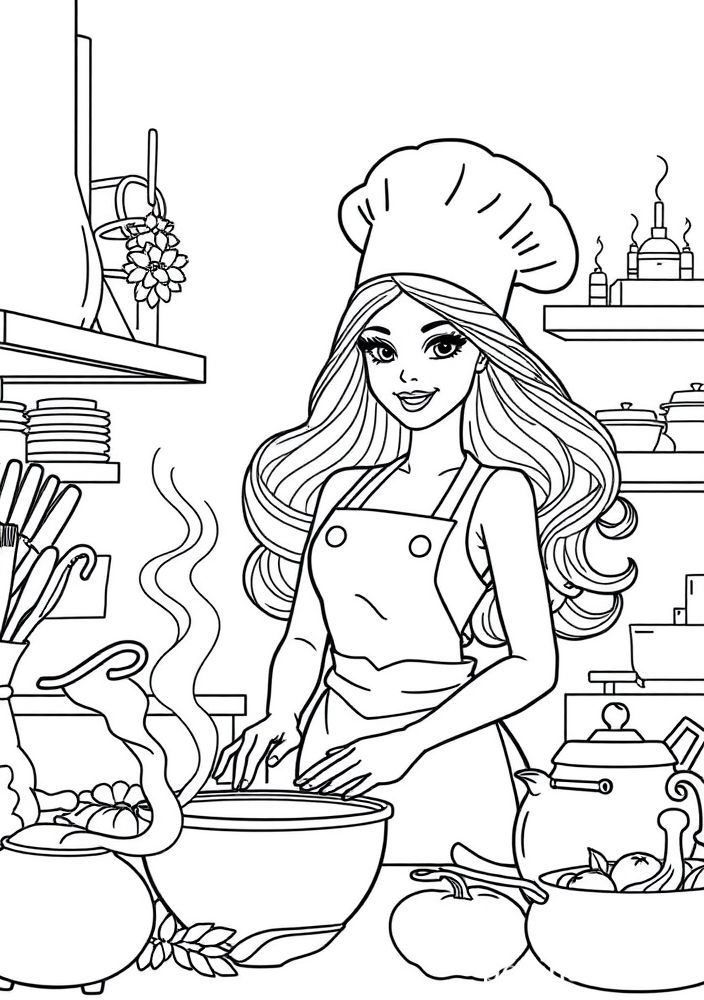 Desenho da Barbie como uma chef de cozinha para colorir