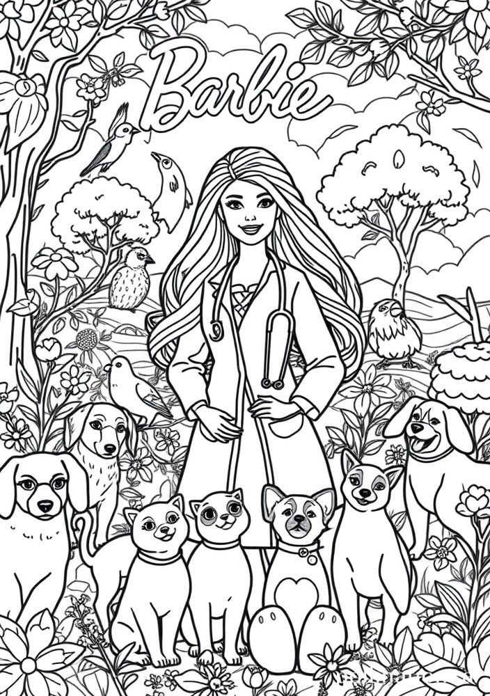Desenho da Barbie como veterinária para colorir
