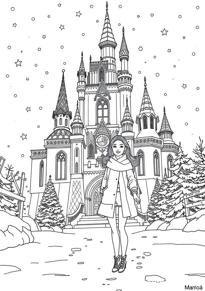 Desenho da Barbie e o Natal no castelo para colorir
