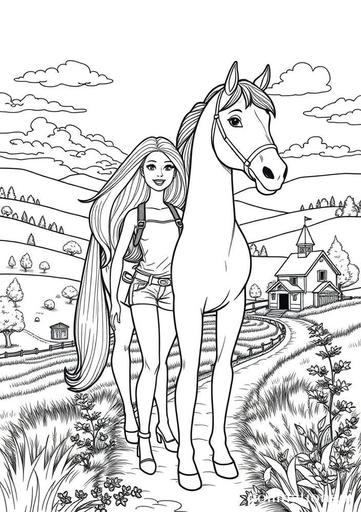 Desenho da Barbie e seu Cavalo para colorir