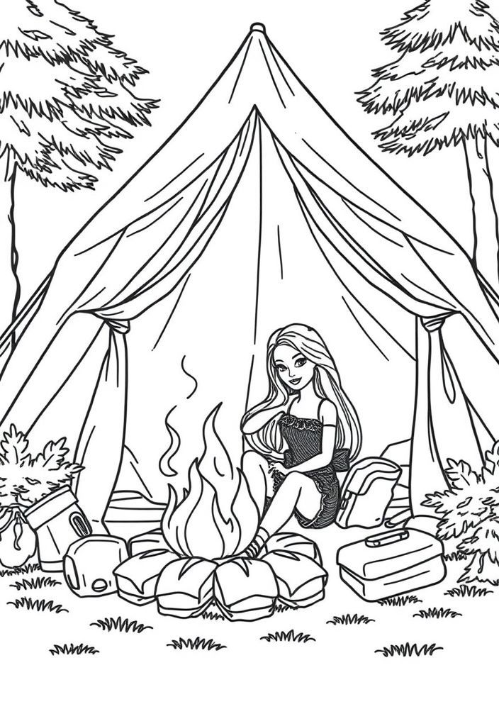 Desenho da Barbie em um acampamento para colorir