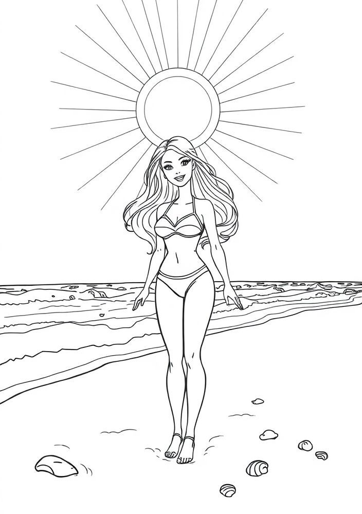 Desenho da Barbie em um dia de praia para colorir