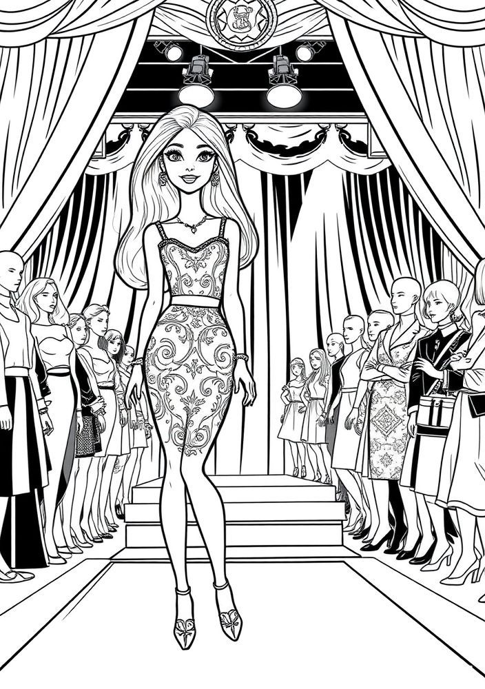 Desenho da Barbie no desfile de moda para colorir