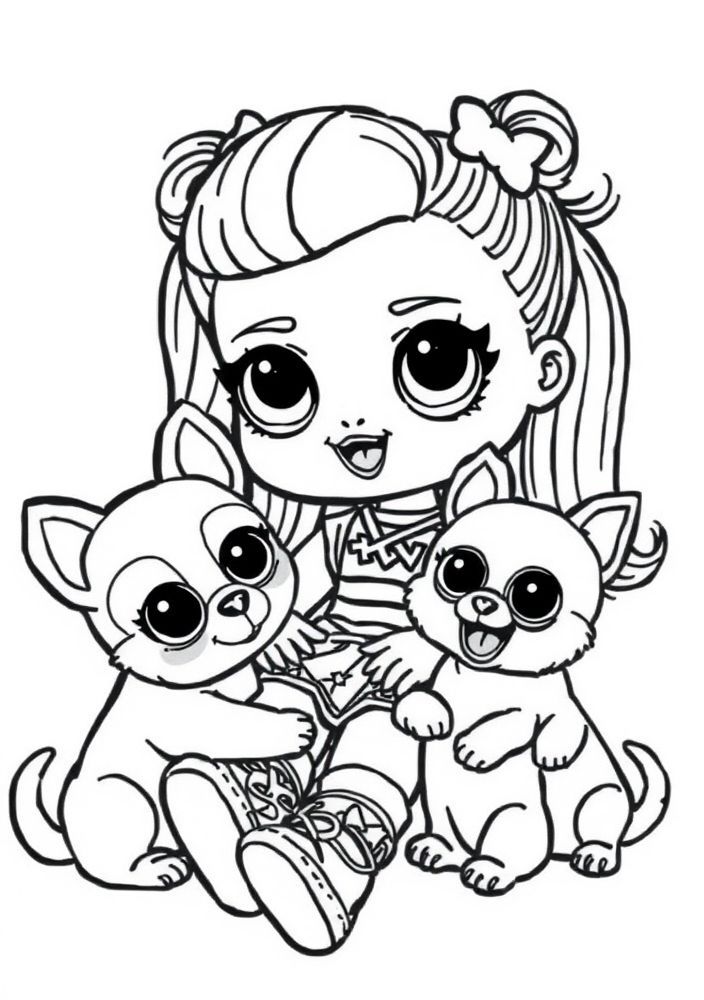 Desenho da Boneca LOL Surprise Brincando com Pets para Colorir