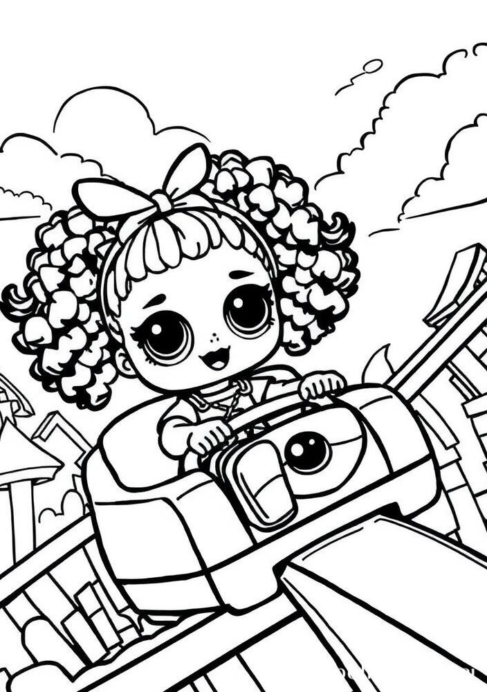 Desenho da Boneca LOL Surprise na Montanha-russa do Parque de Diversões para Colorir