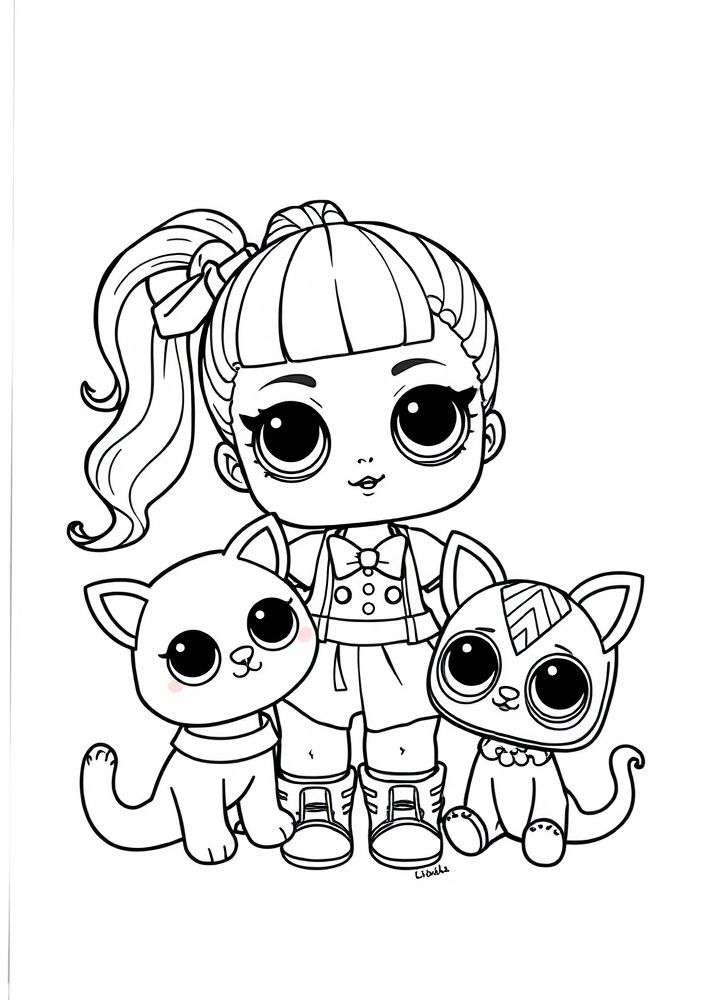 Desenho da Boneca LOL com Animal de Estimação para Colorir
