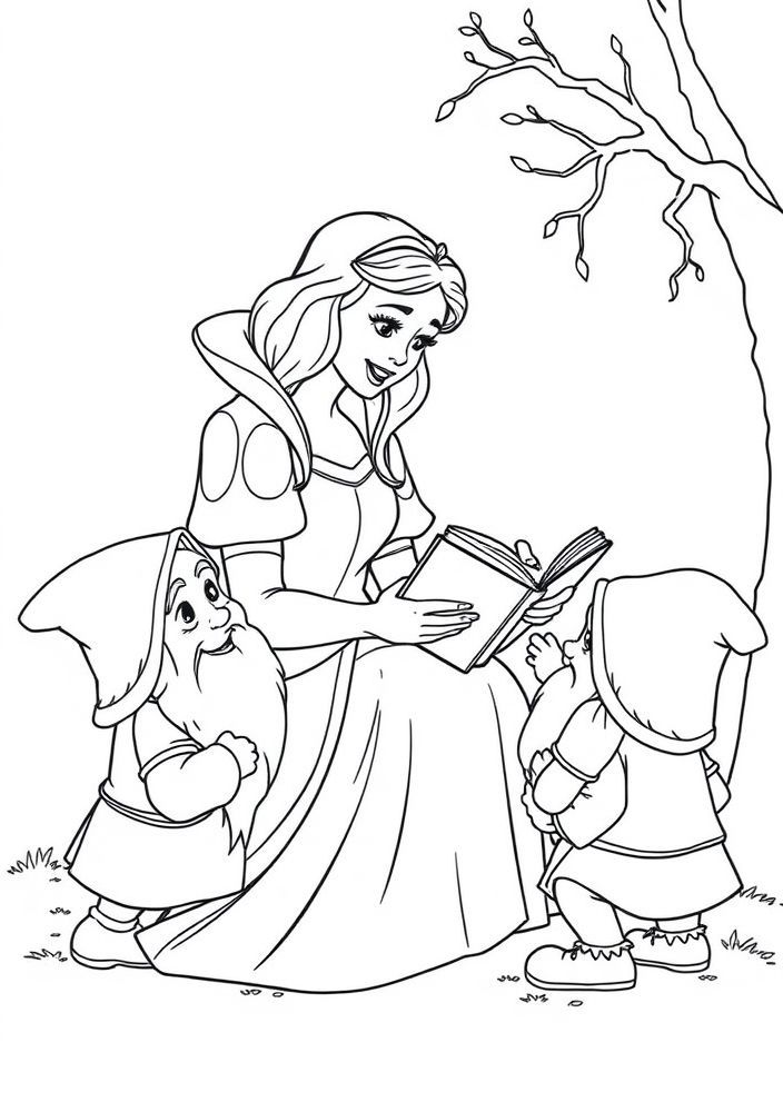Desenho da Branca de Neve contando histórias para os Anões para colorir
