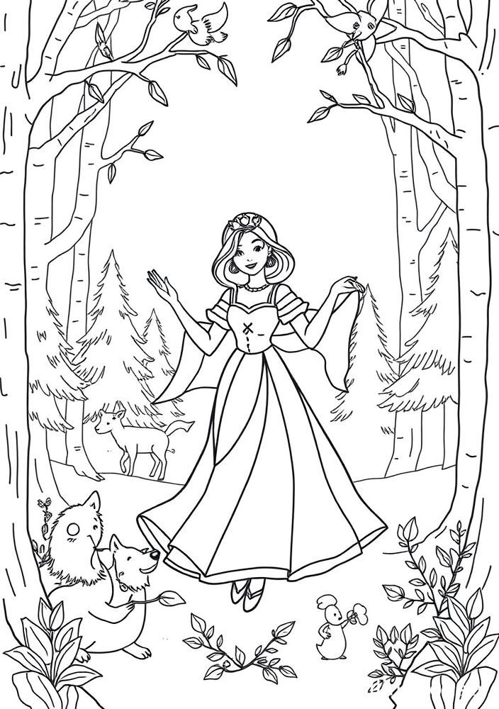 Desenho da Branca de Neve dançando com os animais para colorir