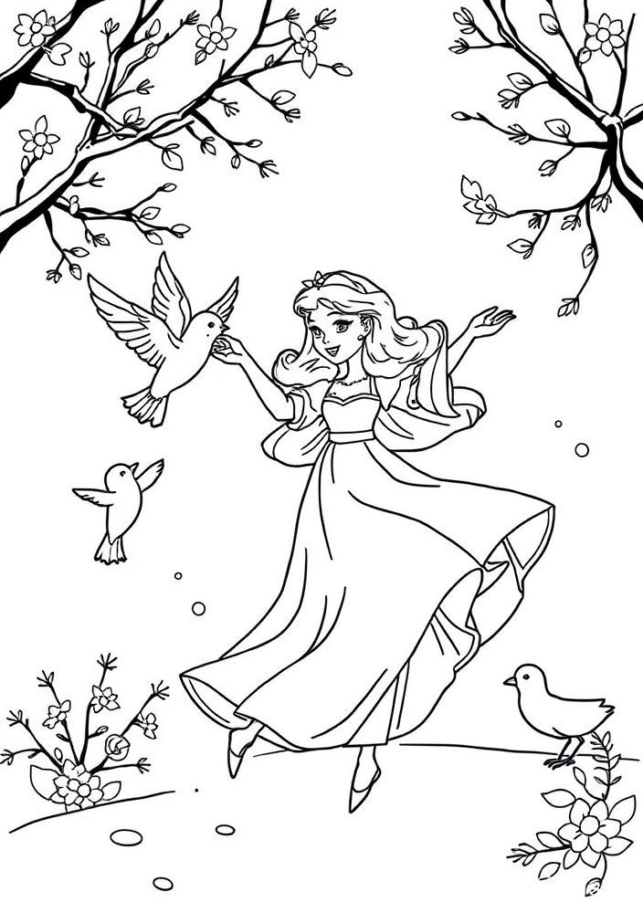 Desenho da Branca de Neve dançando com os pássaros para colorir