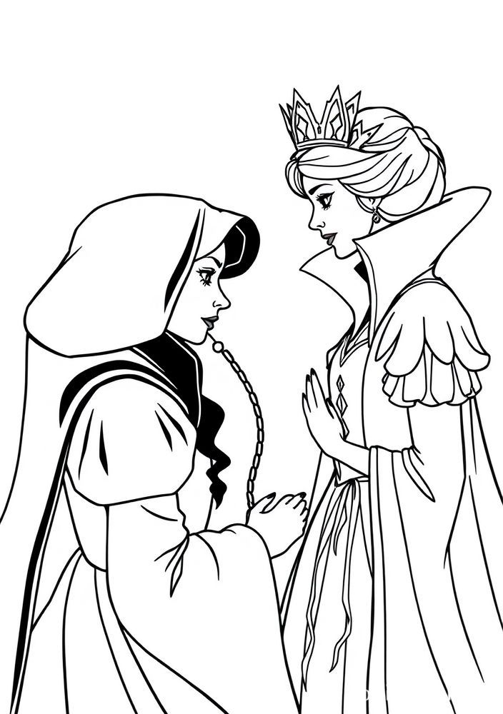 Desenho da Branca de Neve e da Rainha Má cara a cara para colorir