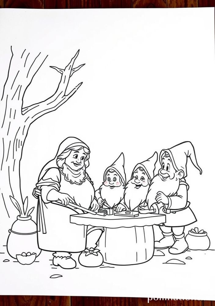 Desenho da Branca de Neve e dos Sete Anões no trabalho para colorir