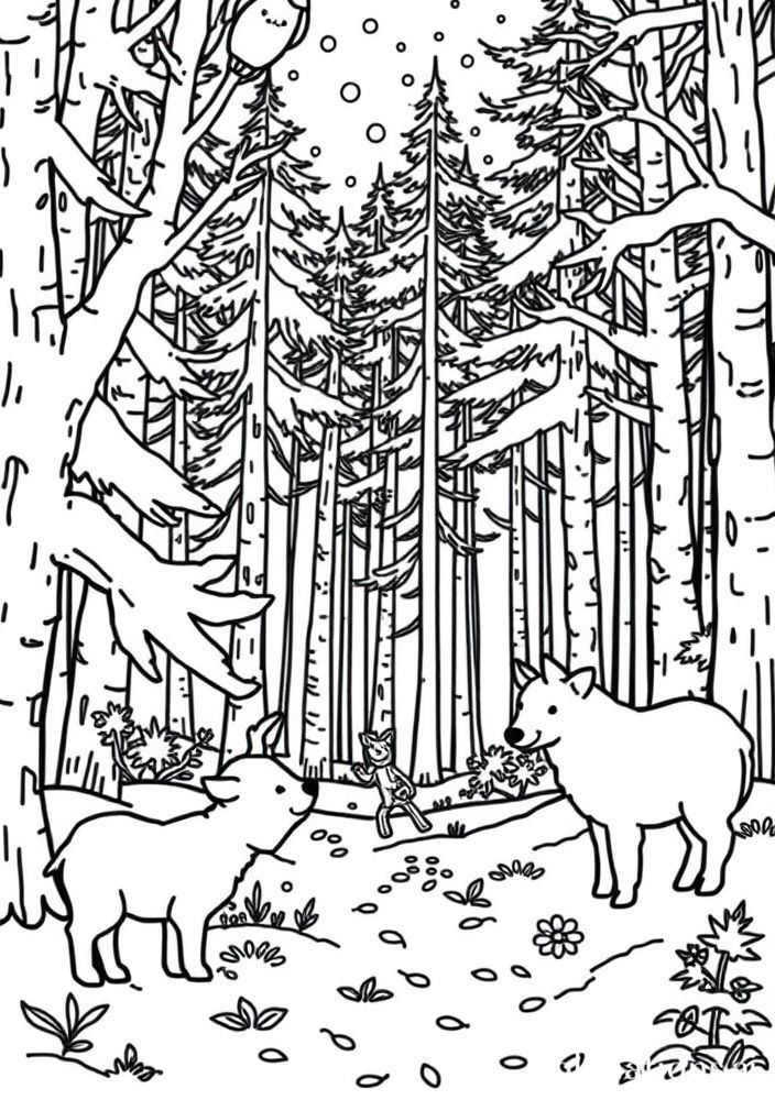 Desenho da Branca de Neve e dos animais da floresta para colorir