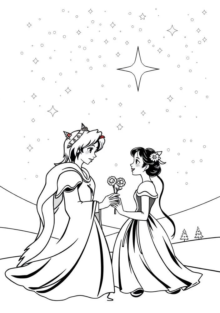 Desenho da Branca de Neve e o Príncipe sob um céu estrelado para colorir