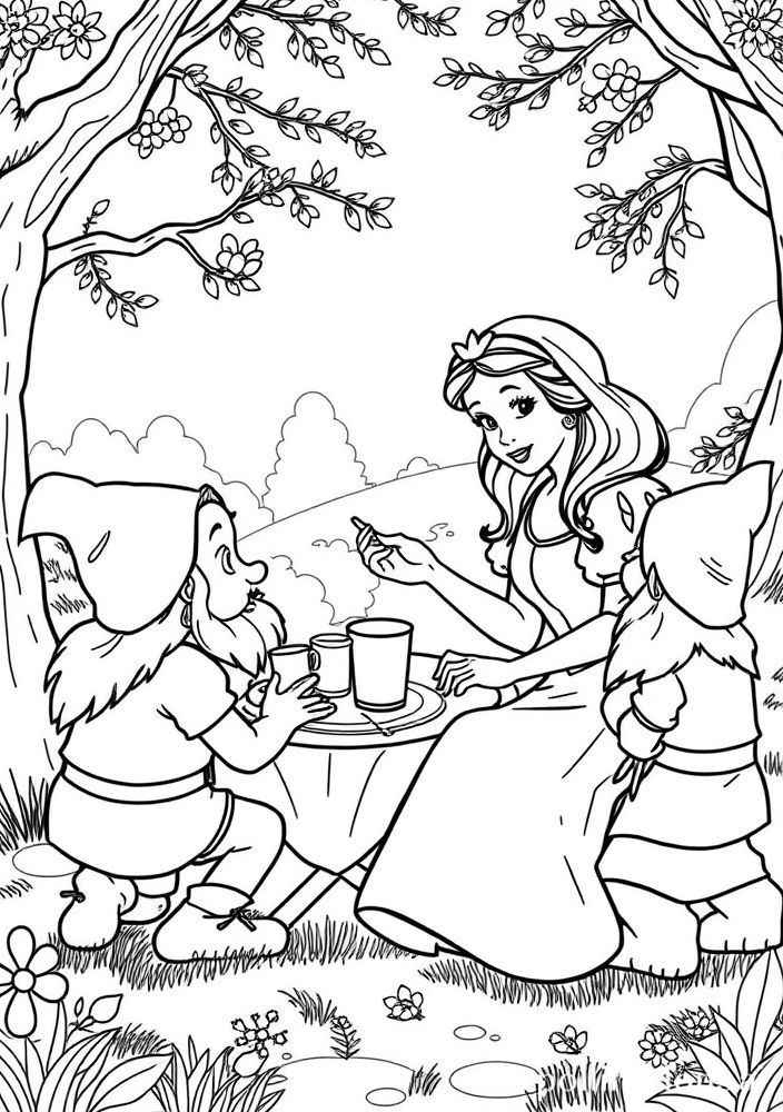 Desenho da Branca de Neve em um piquenique com os Anões para colorir