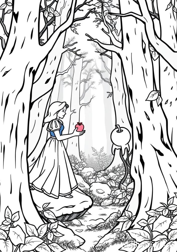 Desenho da Branca de Neve encontrando a maça envenenada na floresta para colorir