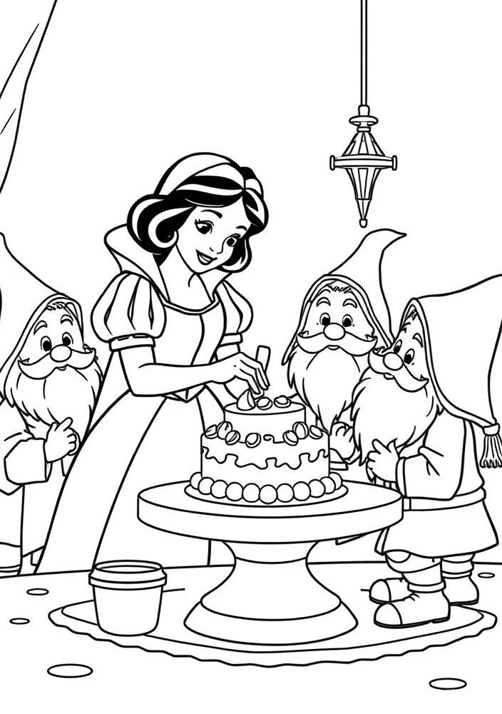 Desenho da Branca de Neve fazendo um bolo para os Sete Anões para colorir
