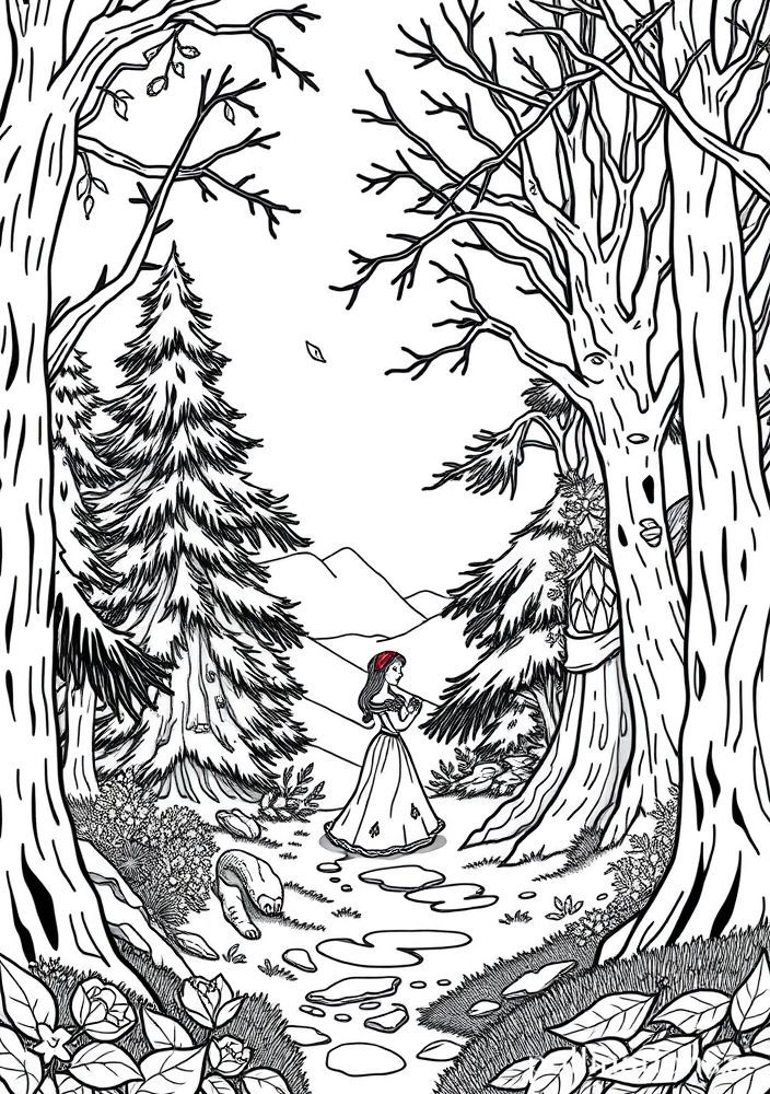 Desenho da Branca de Neve no bosque encantado para colorir