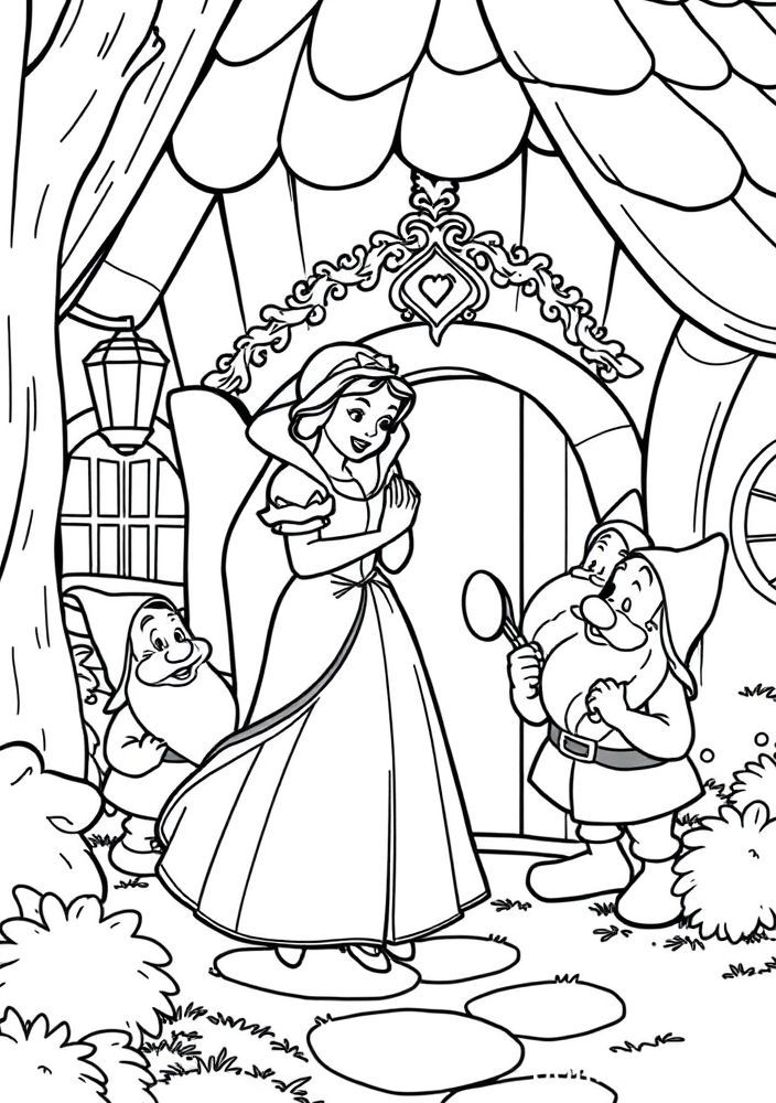 Desenho da Branca de Neve saindo da casa dos Sete Anões para colorir