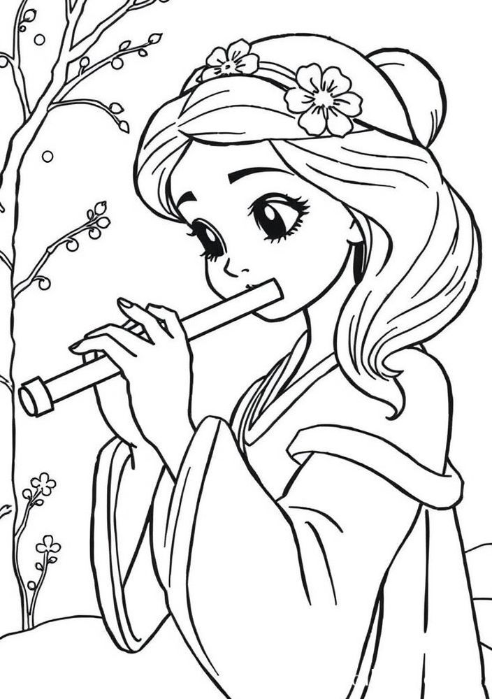 Desenho da Branca de Neve tocando flauta para colorir