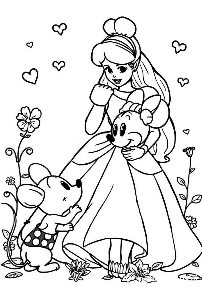 Desenho da Cinderela com os ratinhos para colorir