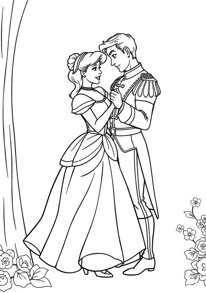 Desenho da Cinderela dançando com o príncipe para colorir