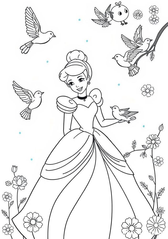 Desenho da Cinderela e dos pássaros para colorir