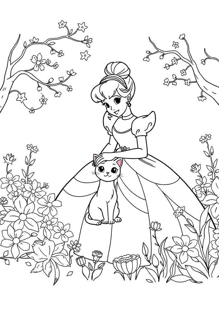 Desenho da Cinderela e seu gato para colorir