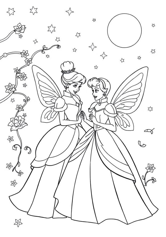 Desenho da Cinderela e sua fada madrinha para colorir