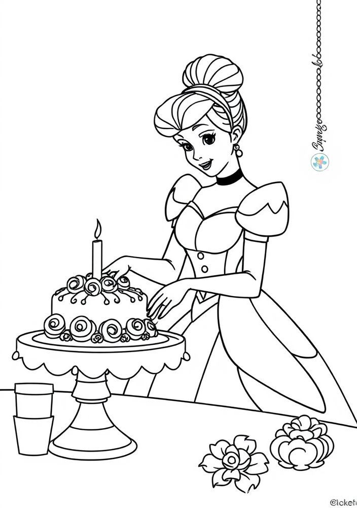 Desenho da Cinderela fazendo o bolo para colorir