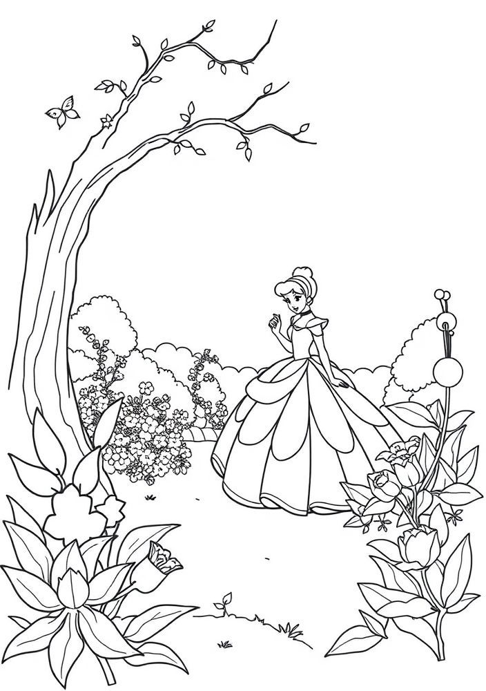 Desenho da Cinderela no jardim para colorir