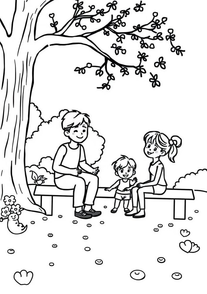 Desenho da Família Brincando no Parque para colorir