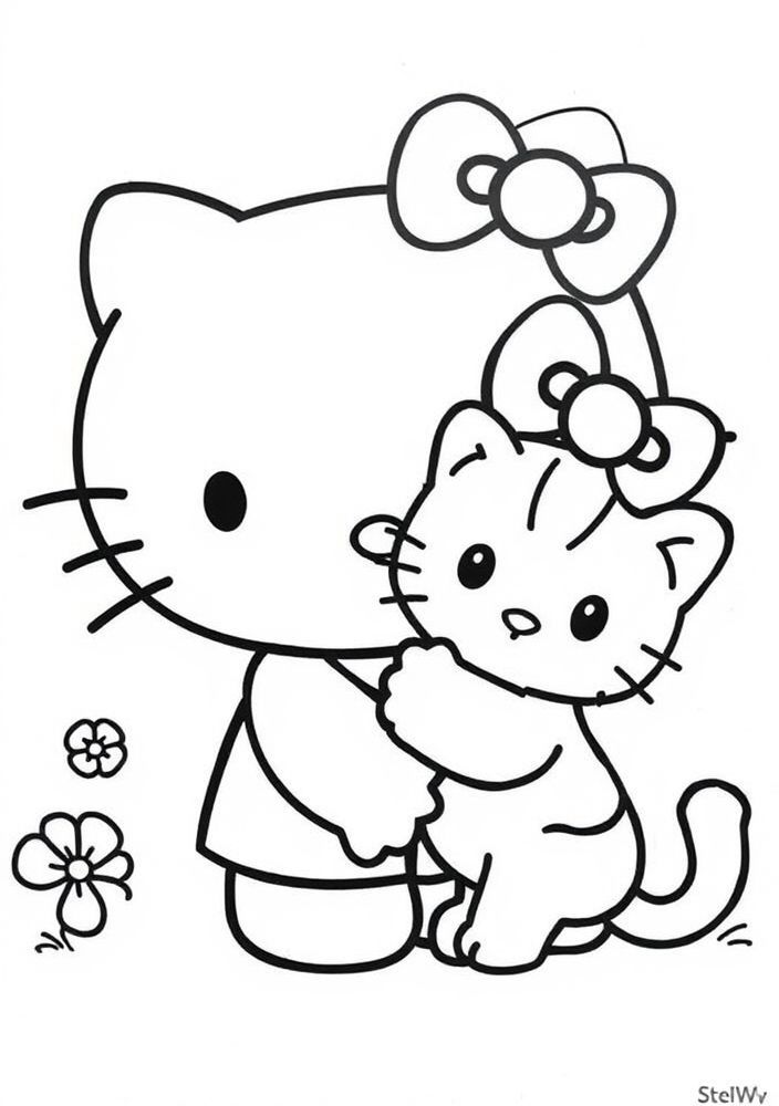 Desenho da Hello Kitty com seu gatinho para colorir