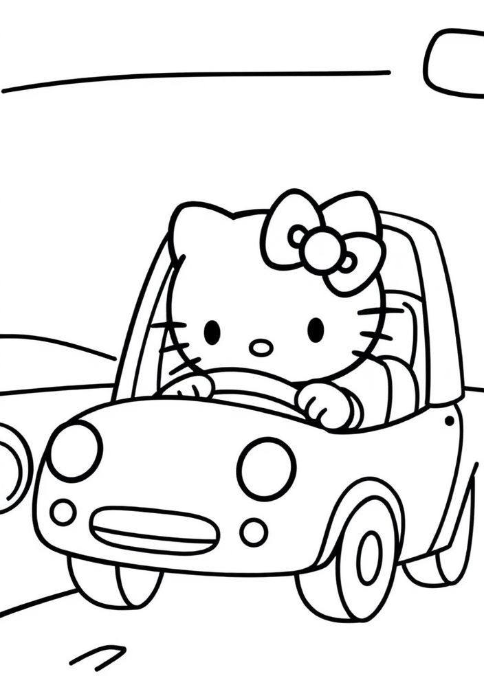 Desenho da Hello Kitty em um carro para colorir