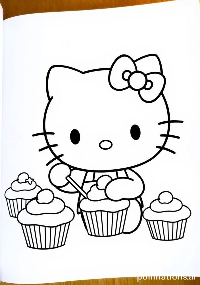 Desenho da Hello Kitty fazendo cupcakes para colorir