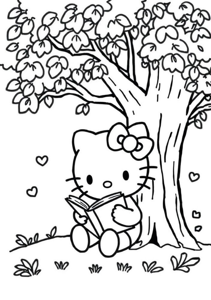 Desenho da Hello Kitty lendo um livro para colorir