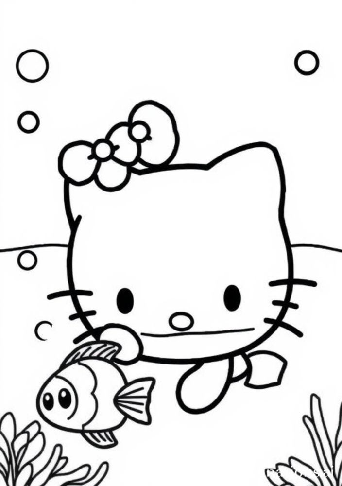 Desenho da Hello Kitty nadando com peixes para colorir