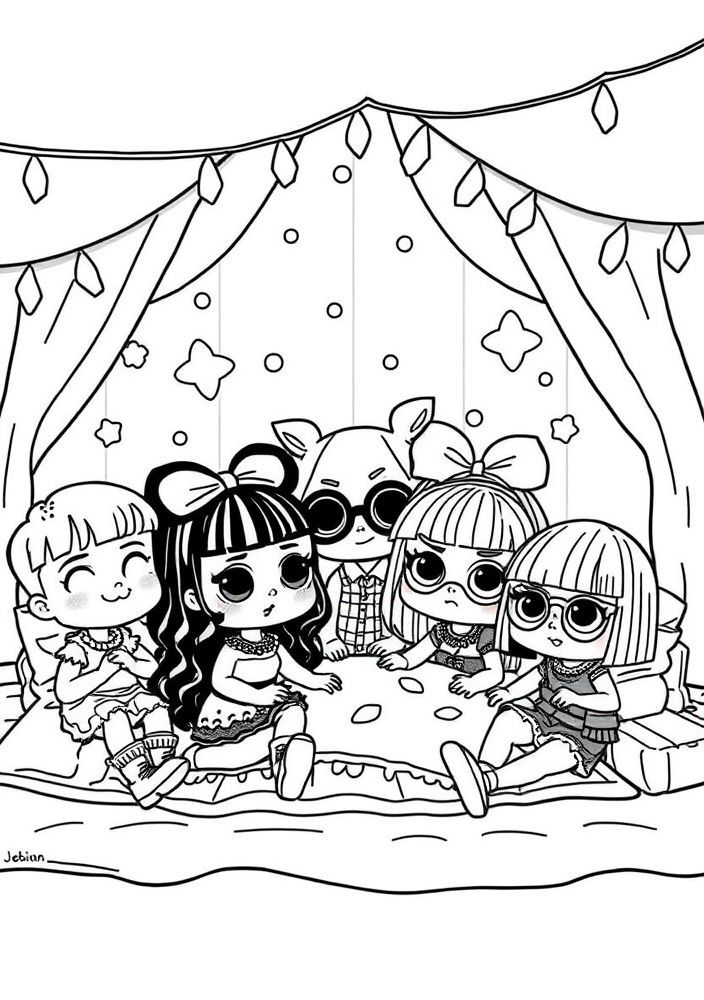 Desenho da LOL Surprise em uma festa do pijama para colorir