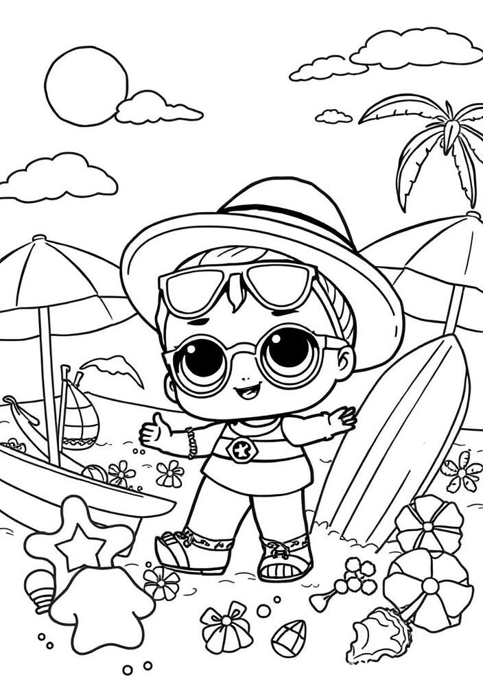 Desenho da LOL Surprise fazendo atividades de verão para colorir
