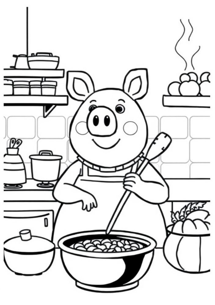 Desenho da Mãe Pig cozinhando para colorir