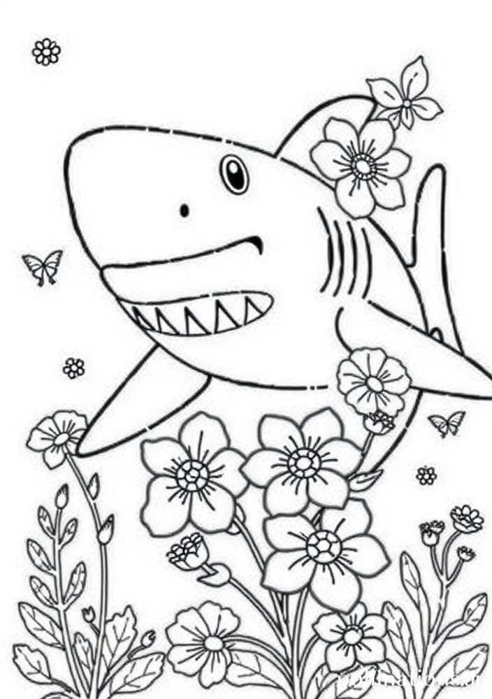 Desenho da Mãe Tubarão com flores para colorir